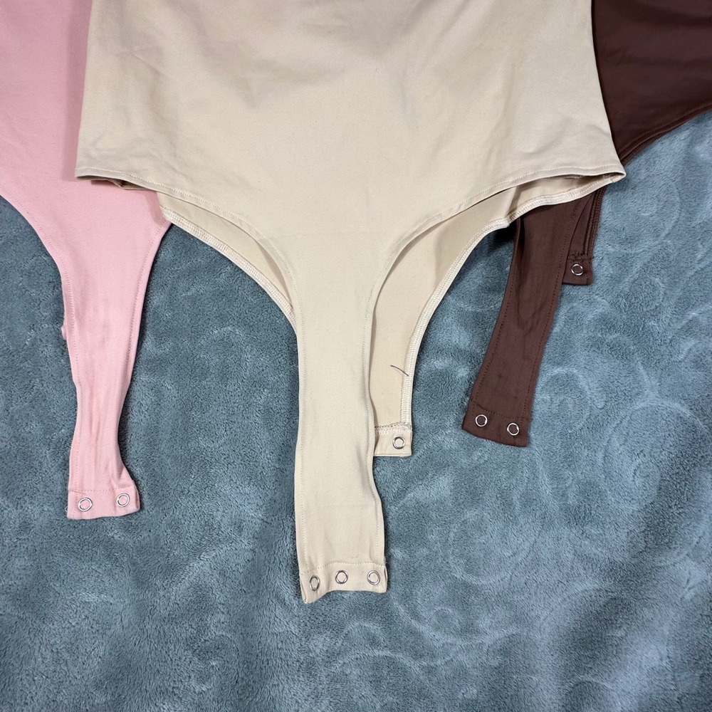 REORIA Womens Bodysuit Set of 3 XL Pink Brown Beige High Square Neck Sleeveless - Picture 9 of 9